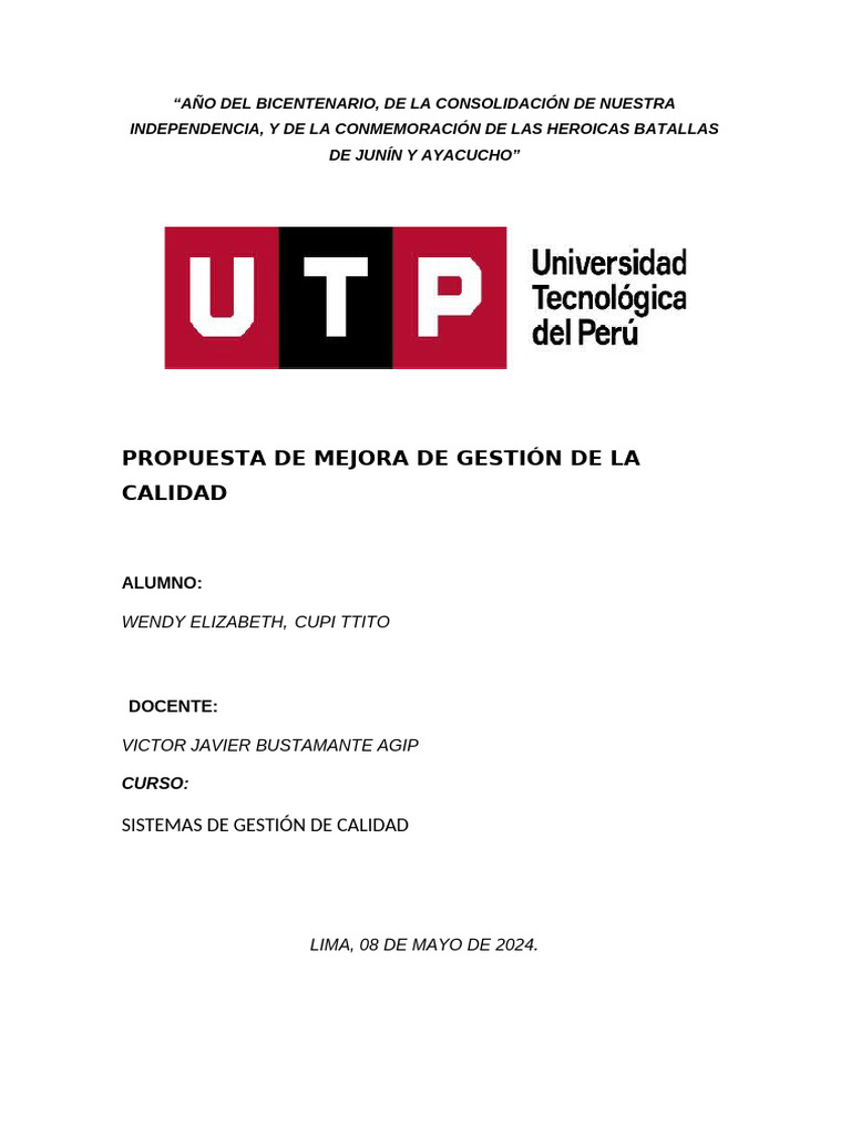Propuesta de Mejora - WENDY CUPI | PDF | Calidad (comercial) | Gestión ...