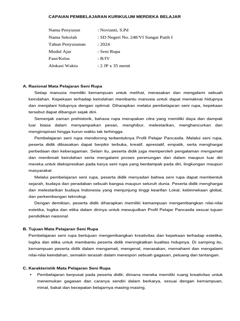 Capaian Pembelajaran Seni Rupa Kelas 1 | PDF | Karier & Perkembangan