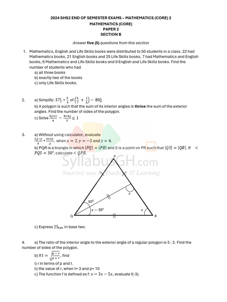 SHS2 2024 Core Maths Exam Questions | PDF | Triangle Geometry | Geometry