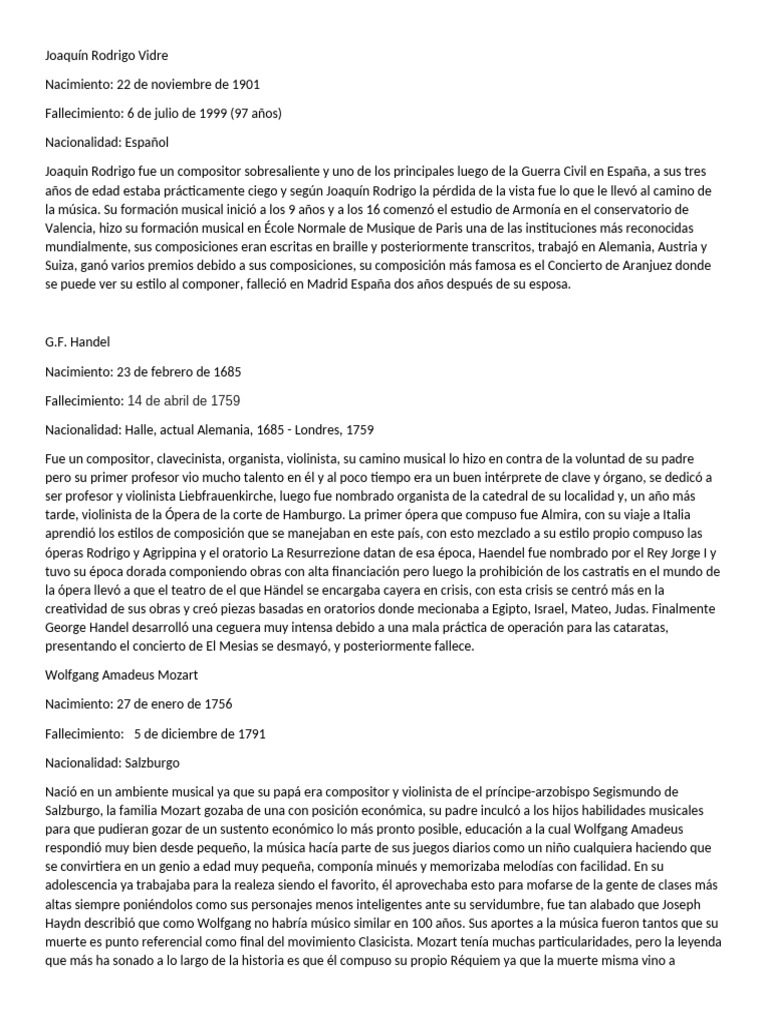 Compositores Clásicos: Rodrigo, Handel, Mozart, Schubert, León | PDF ...