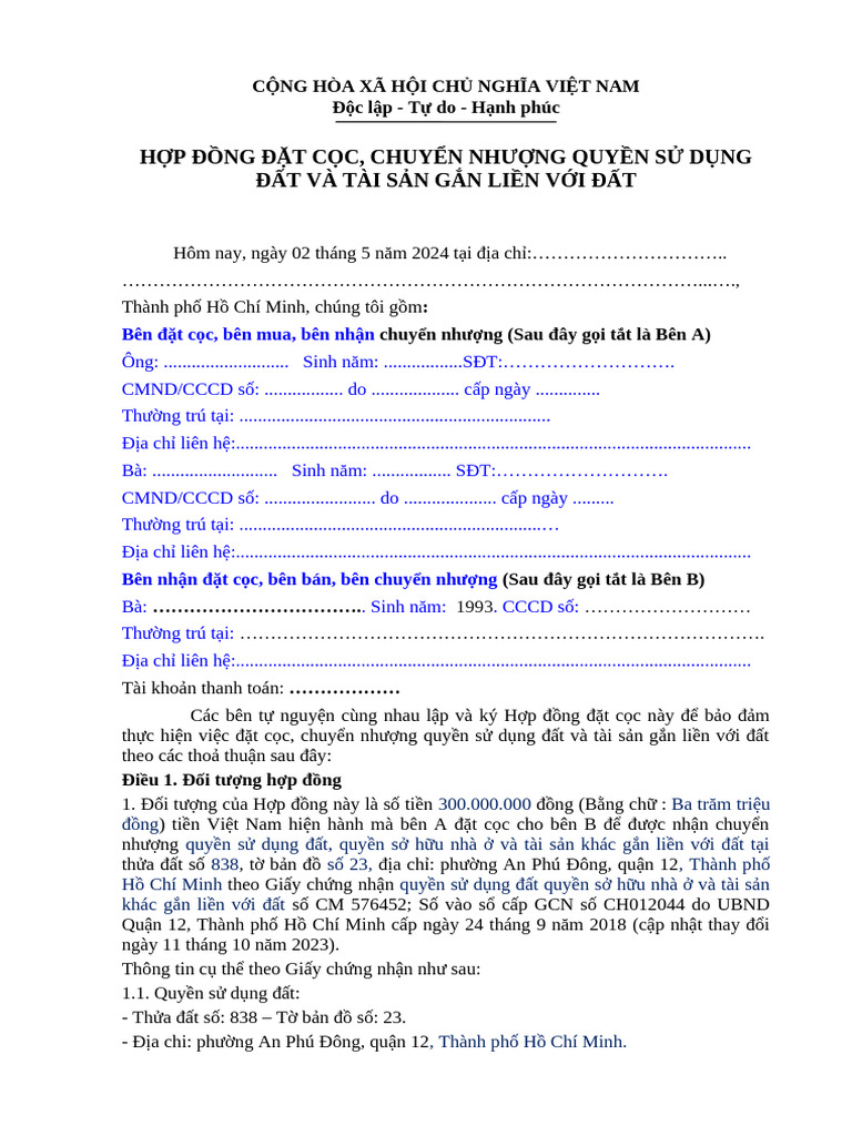 HD Dat Coc Mua Ban, Chuyen Nhuong Dat | PDF