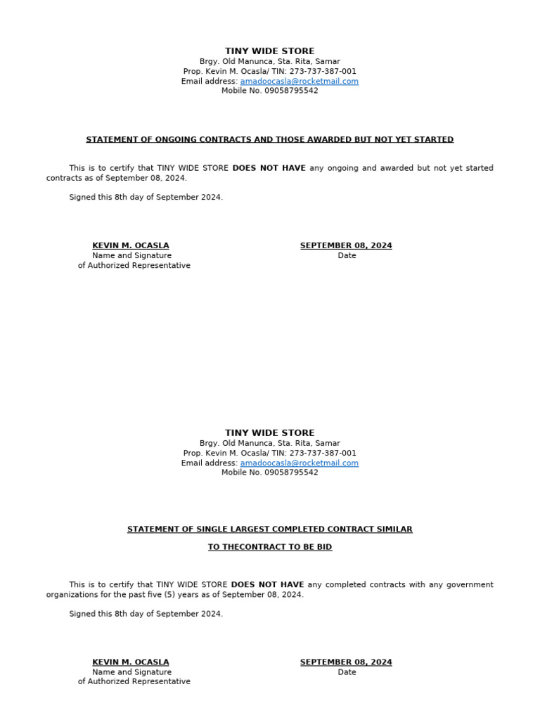 TINY WIDE STORE Contract Status Report | PDF