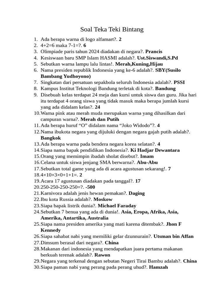 Teka-Teki Bintang dan Jawabannya | PDF | Olahraga & Rekreasi | Perjalanan