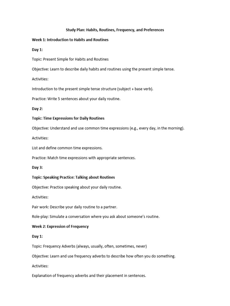 Study Plan: Habits, Routines, and Preferences | PDF | Grammatical Tense ...