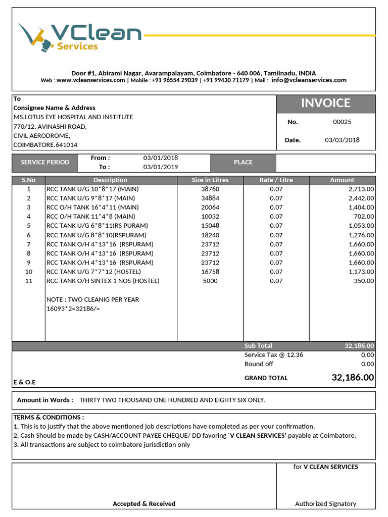 Invoice for RCC Tank Services | PDF | Cheque | Money
