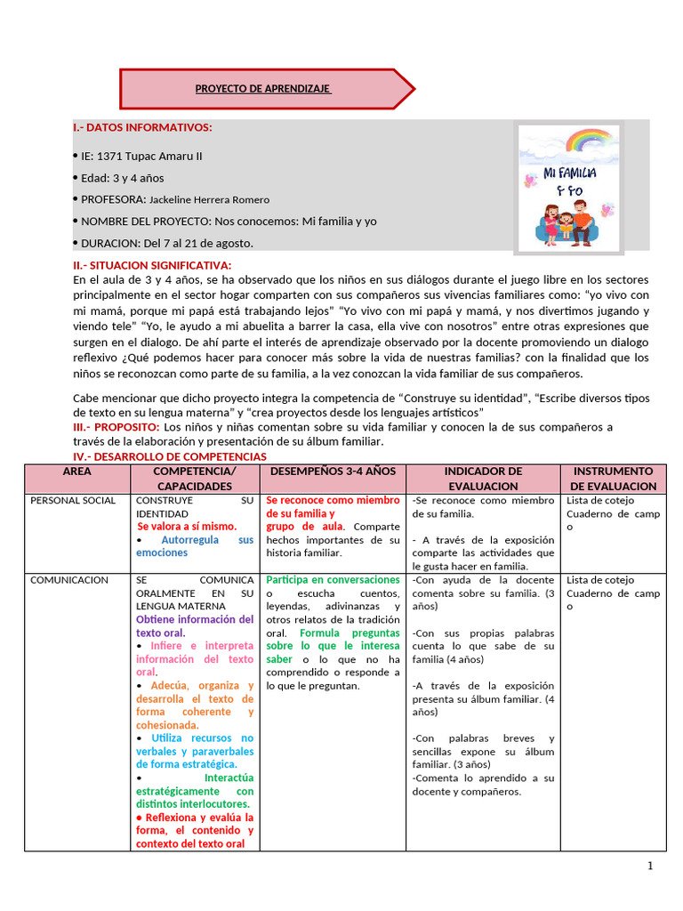 PROYECTO Mi Familia y Yo Agosto 2024 | PDF | Evaluación | Salón de clases