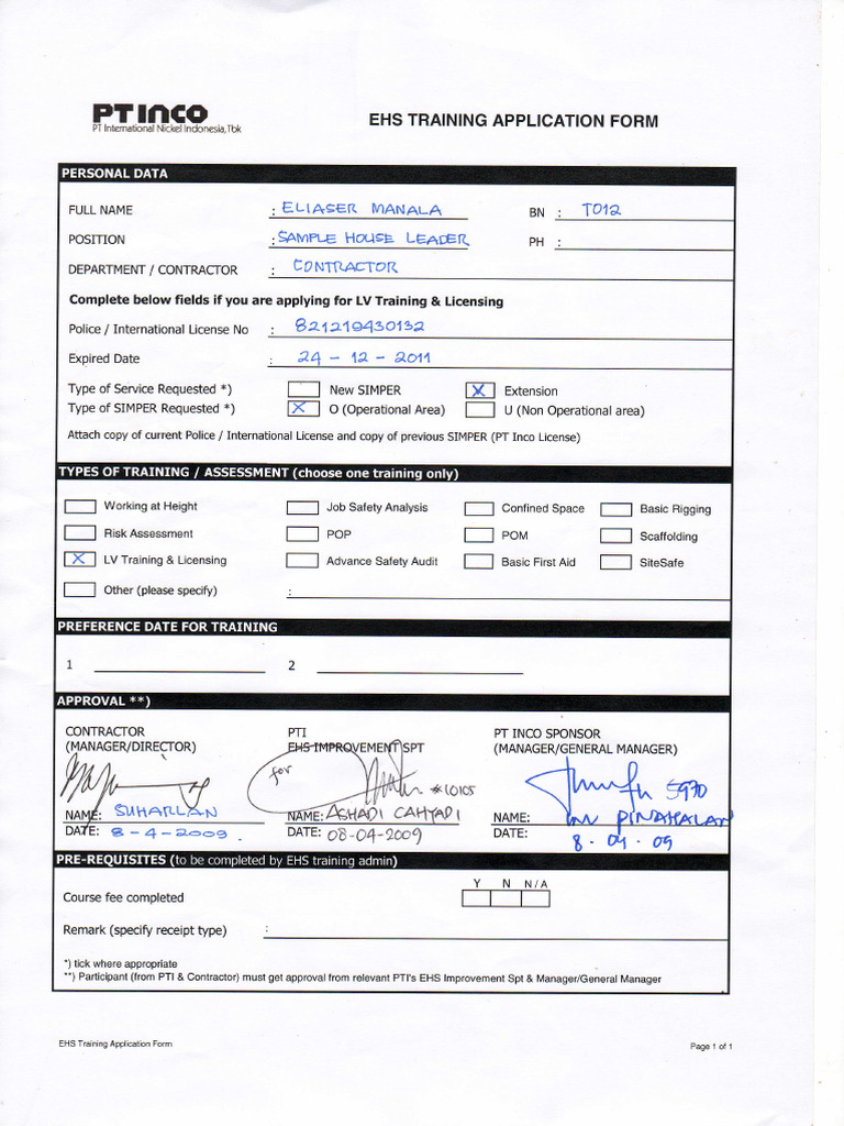 EHS Training Application Form | PDF