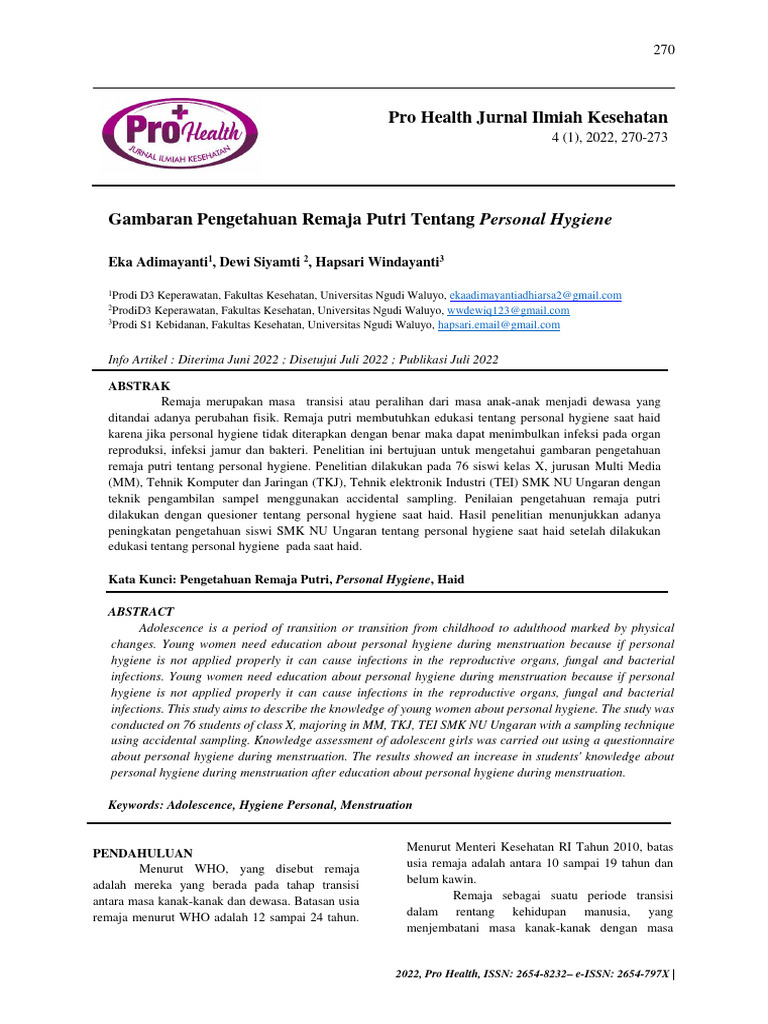 Jurnal Gambaran Remaja TNTNG Prsnal Hygiene | PDF
