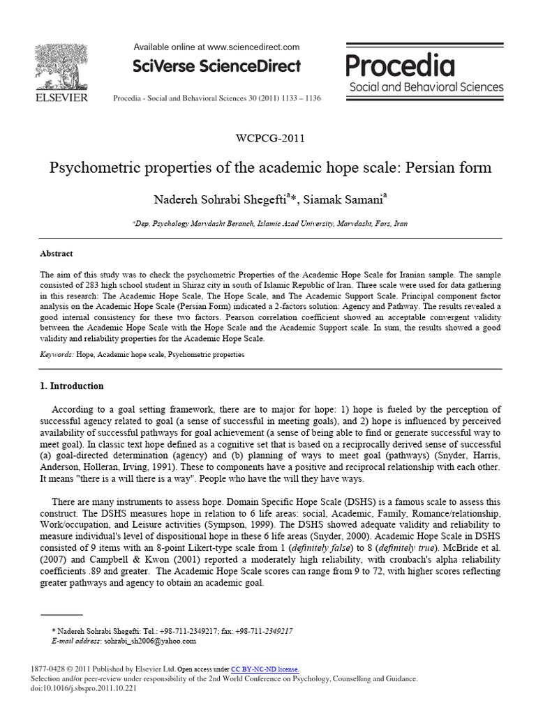 Psychometric Analysis of Academic Hope Scale | PDF | Psychometrics | Hope