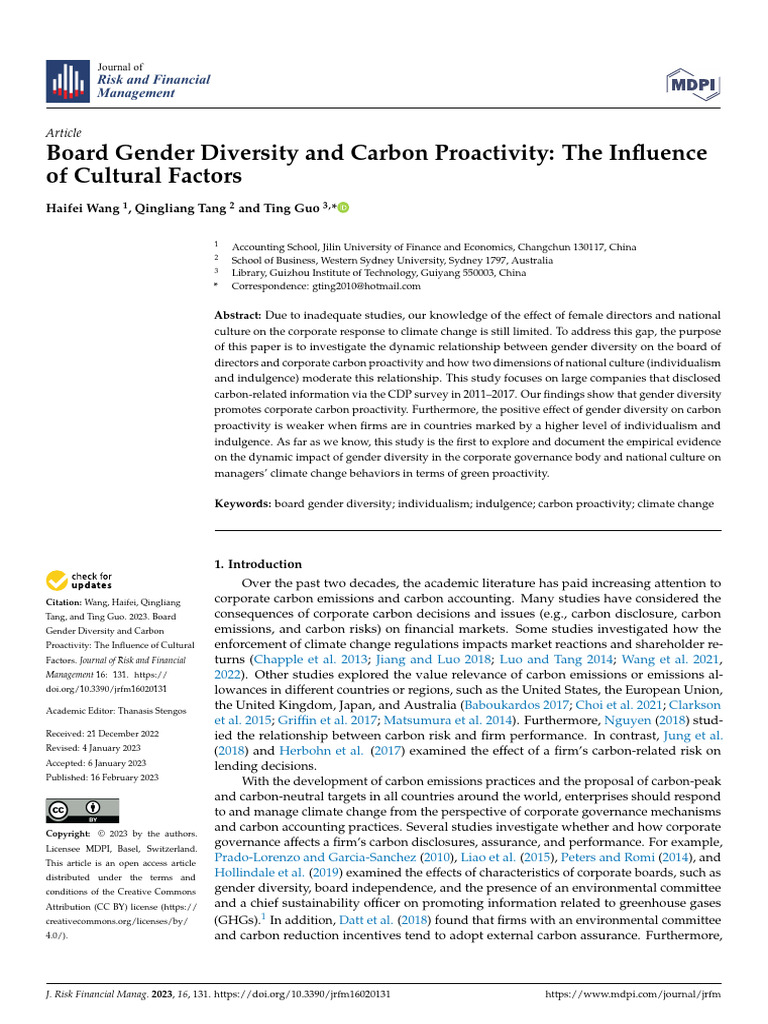 Board Gender Diversity and Carbon Proactivity The Influence of Cultural ...