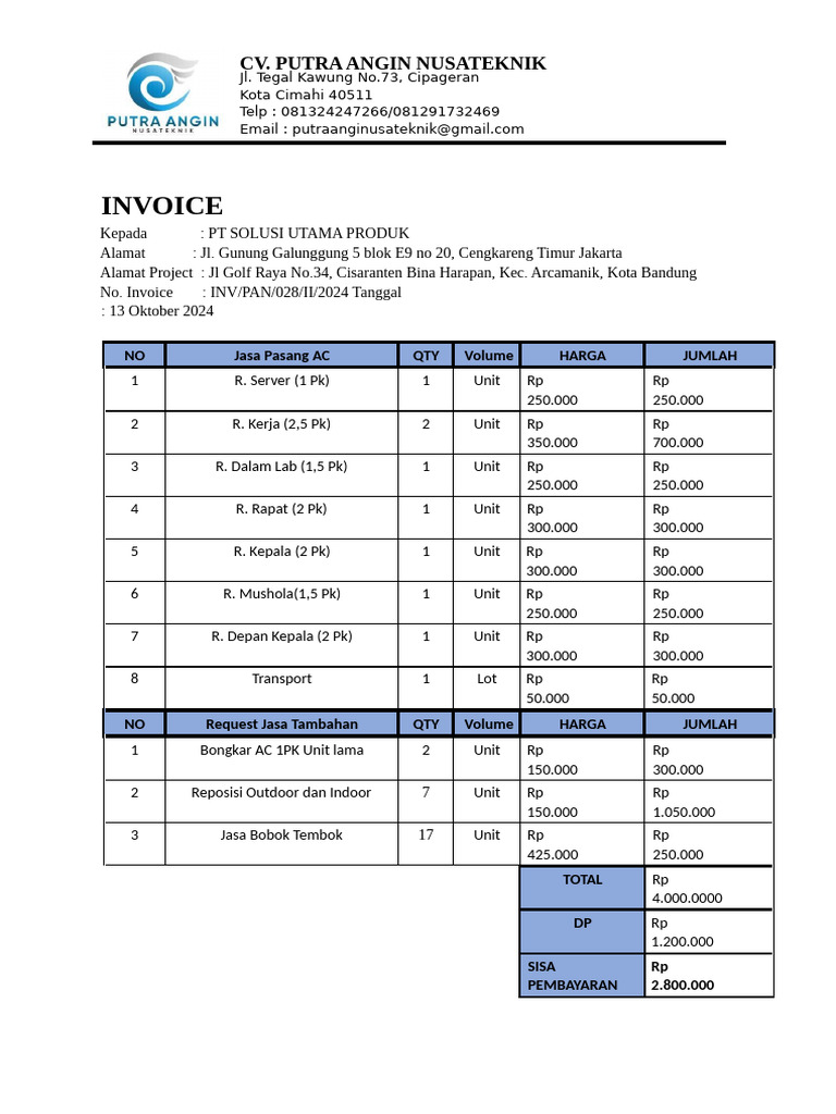 Invoice Jasa Pasang AC | PDF