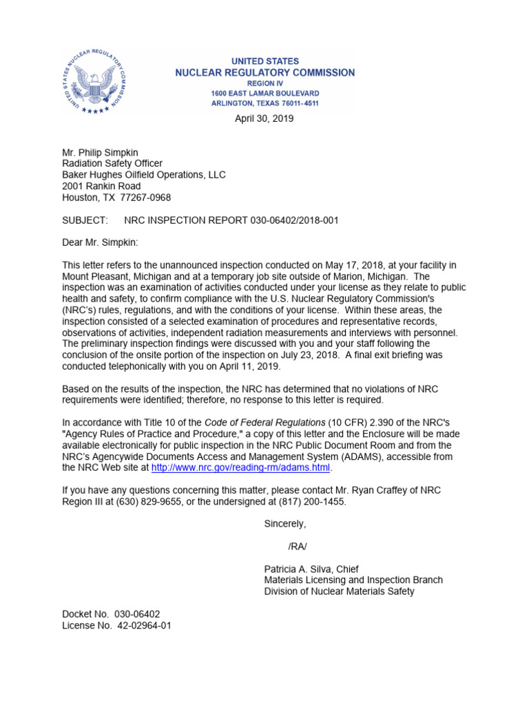 NRC Inspection Report: Baker Hughes 2018 | PDF | Nuclear Regulatory ...