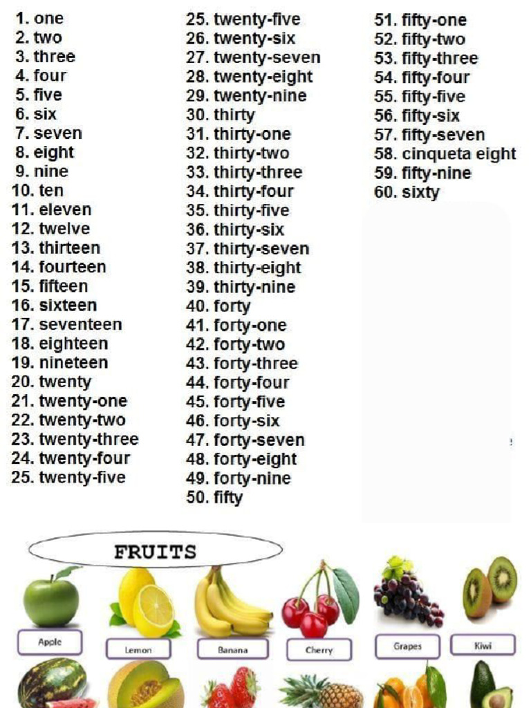 List of Numbers, Fruits, and Vegetables | PDF