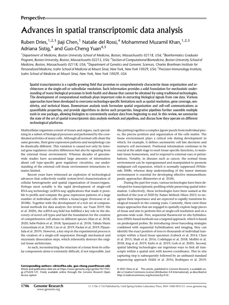 Advances in spatial transcriptomic data analysis pdf gene