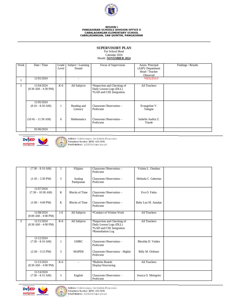 November 2024 Supervisory Plan for Schools | PDF | Learning | Behavior ...