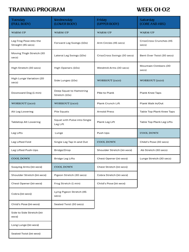 Training Program Week 01-02 | PDF | Physical Exercise