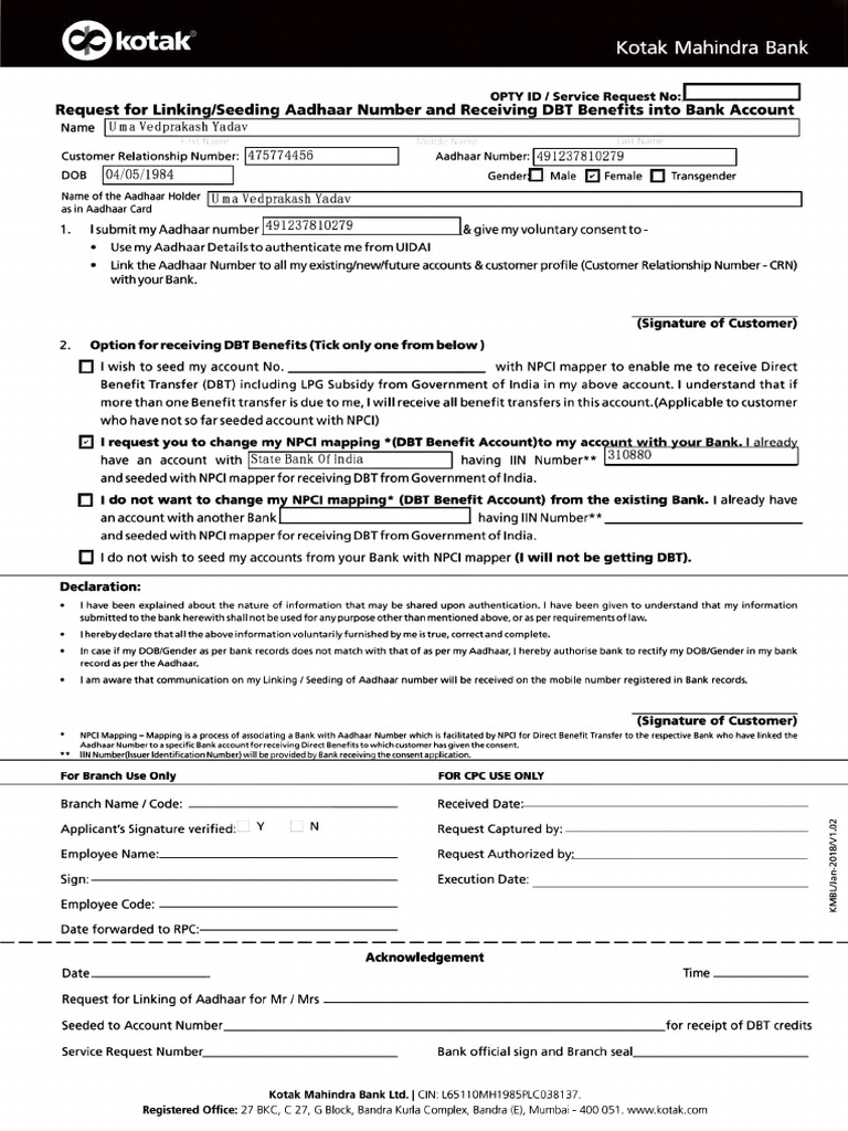 Aadhaar Seeding Request for DBT Benefits | PDF | Authentication ...