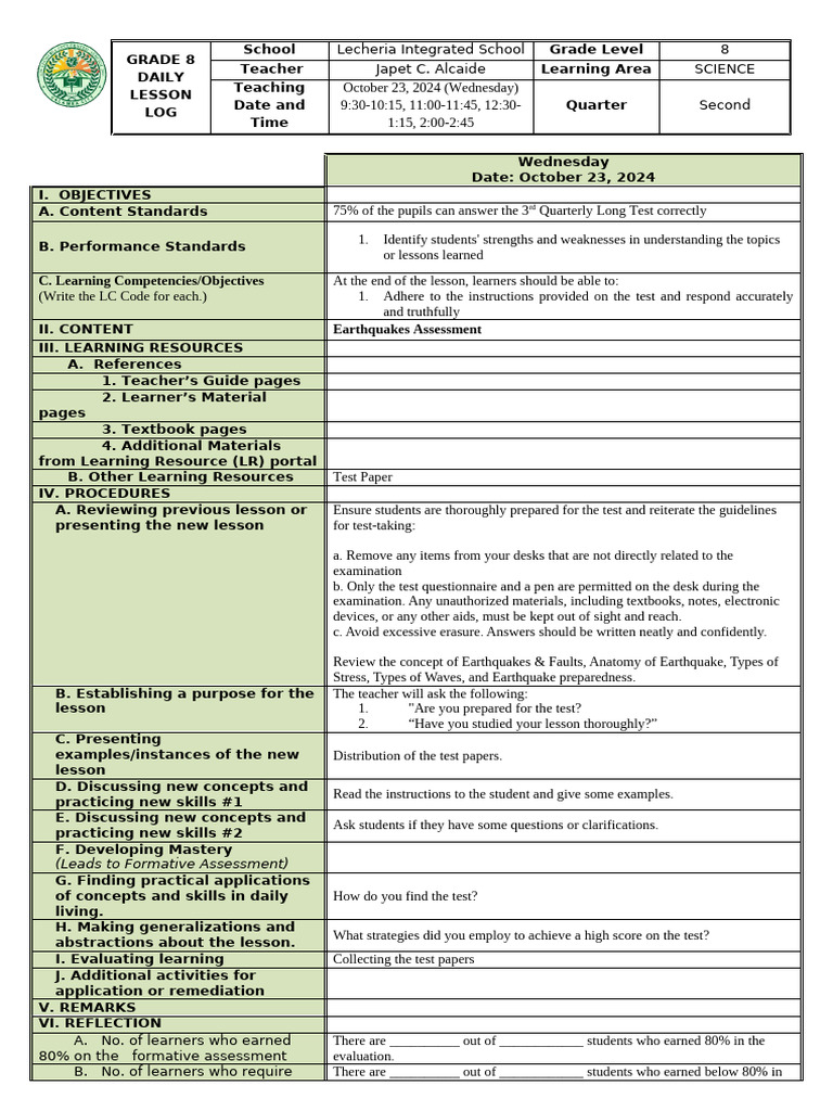 SCIENCE 8 Q2 Oct 23 2024 Wed | PDF | Educational Assessment | Cognition
