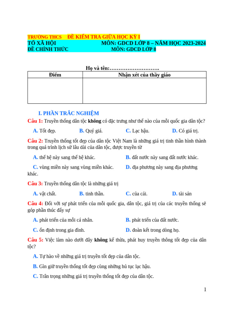 De Dap An Kiem Tra Giua Hoc Ky 1 | PDF