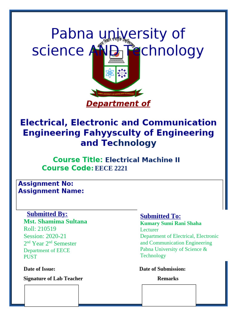 Electrical Machine II Assignment EECE 2221 | PDF