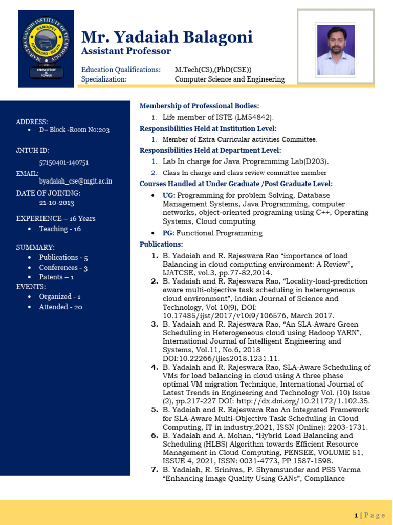 Assistant Professor Yadaiah Balagoni CV | PDF | Cloud Computing | Load ...