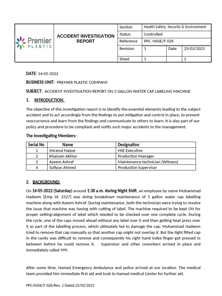 Hand Injury in 5 Gallon Cap Machine | PDF | Safety | Occupational ...