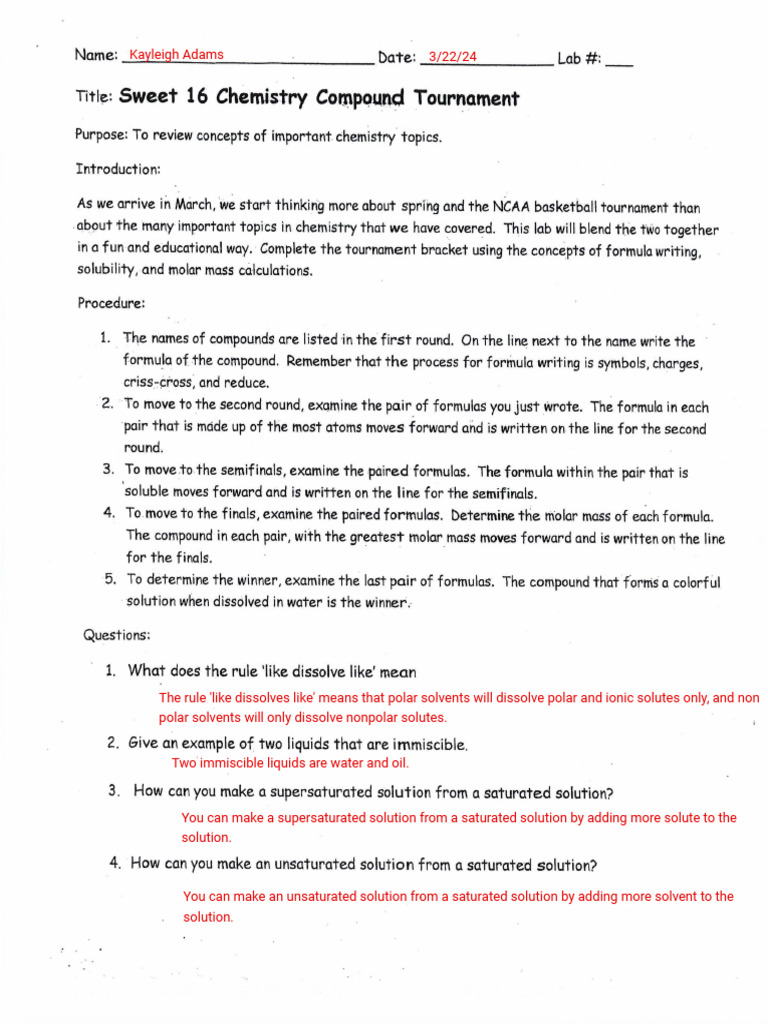 Kayleigh Adams - Sweet 16 Lab 2022 | PDF | Hydroxide | Solubility