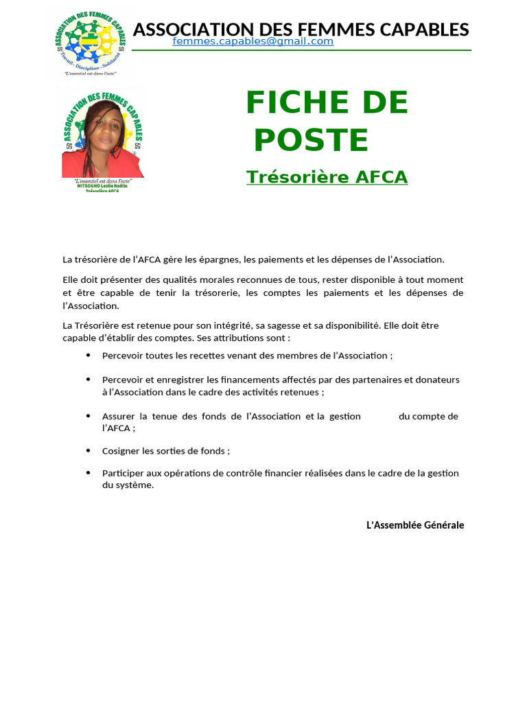 Fiche de Poste : Trésorière AFCA | PDF | Évolution de carrière