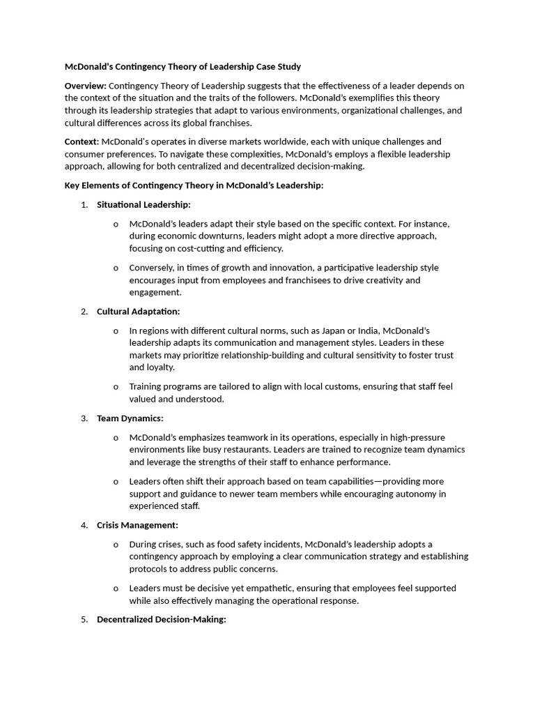 McDonald's Leadership and Contingency Theory | PDF | Leadership | Mc ...