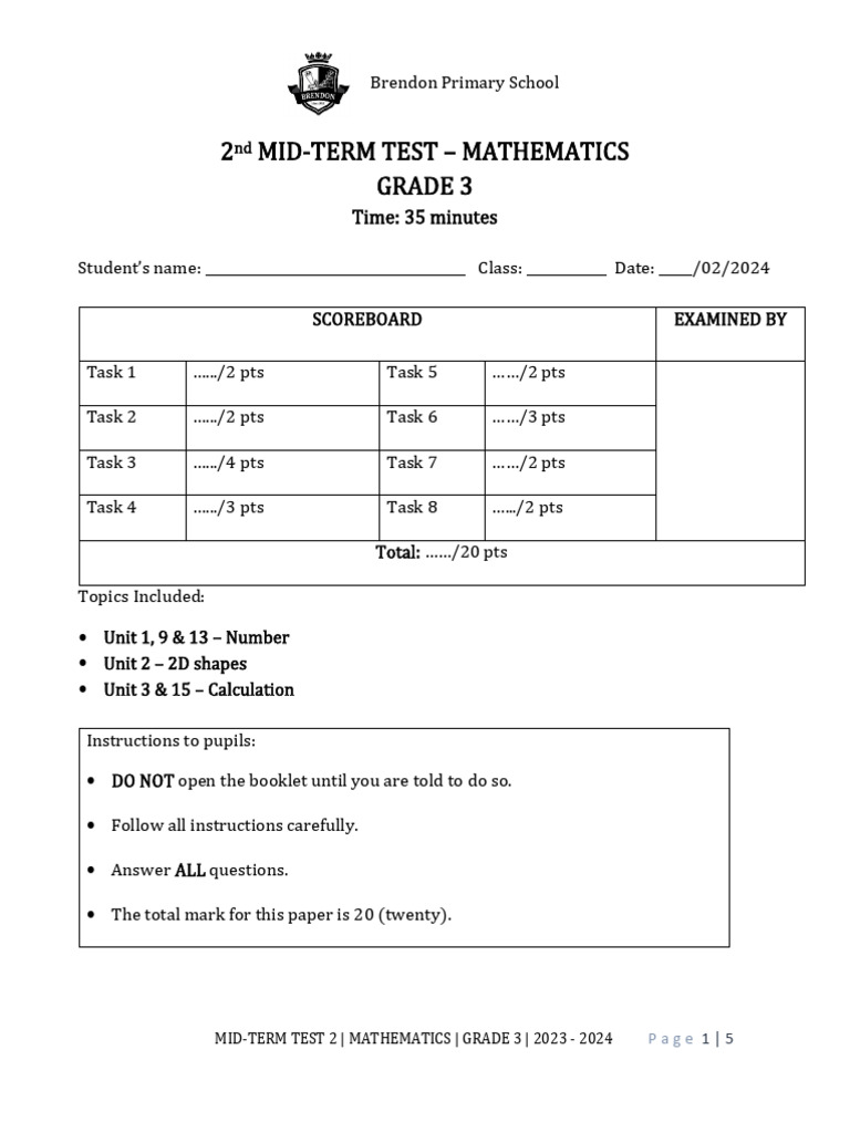 Grade 3 Math Mid-Term Test 2 | PDF | Mathematics