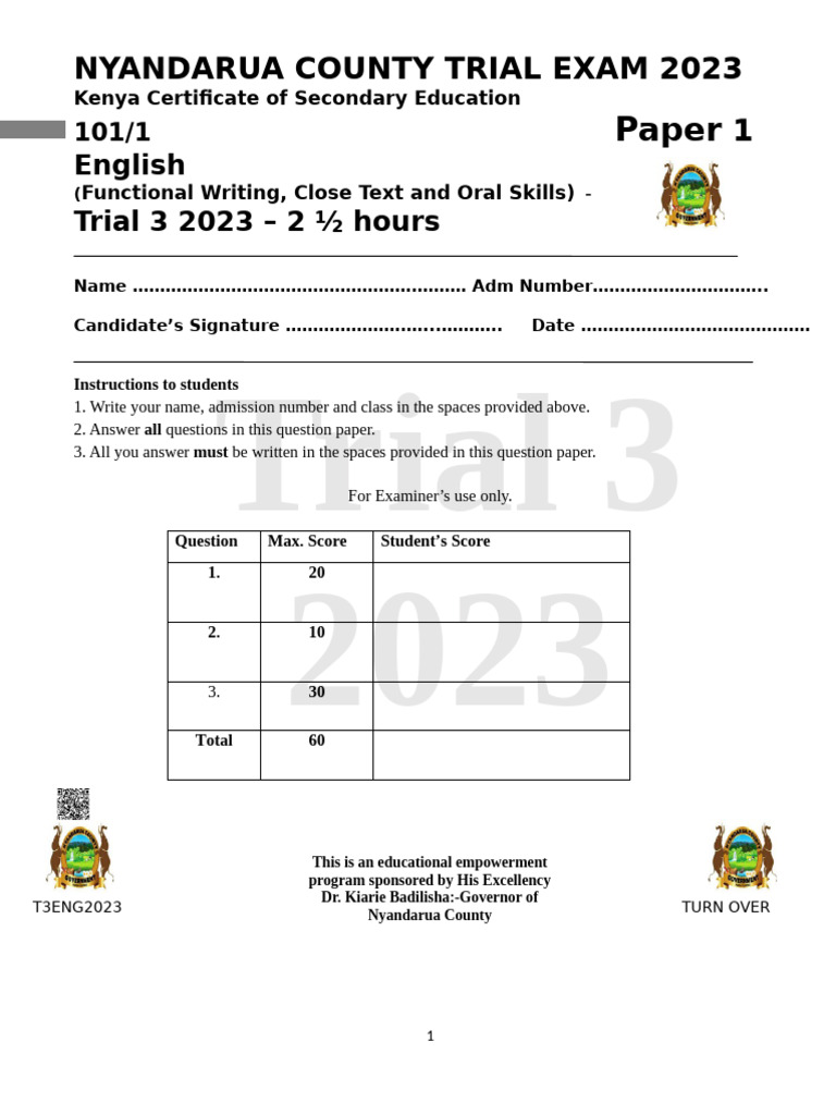 KCSE 2023 English Paper 1 Trial Exam | PDF | Osteoporosis