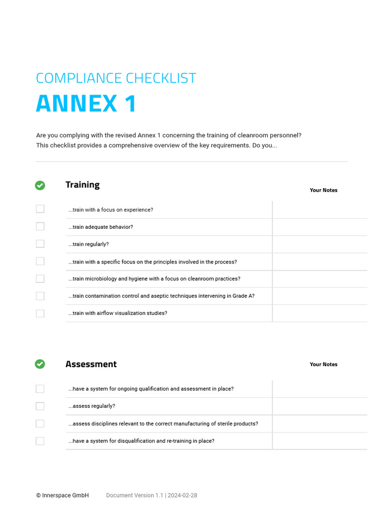 Annex 1 Compliance Checklist for Cleanrooms | PDF | Environmental ...