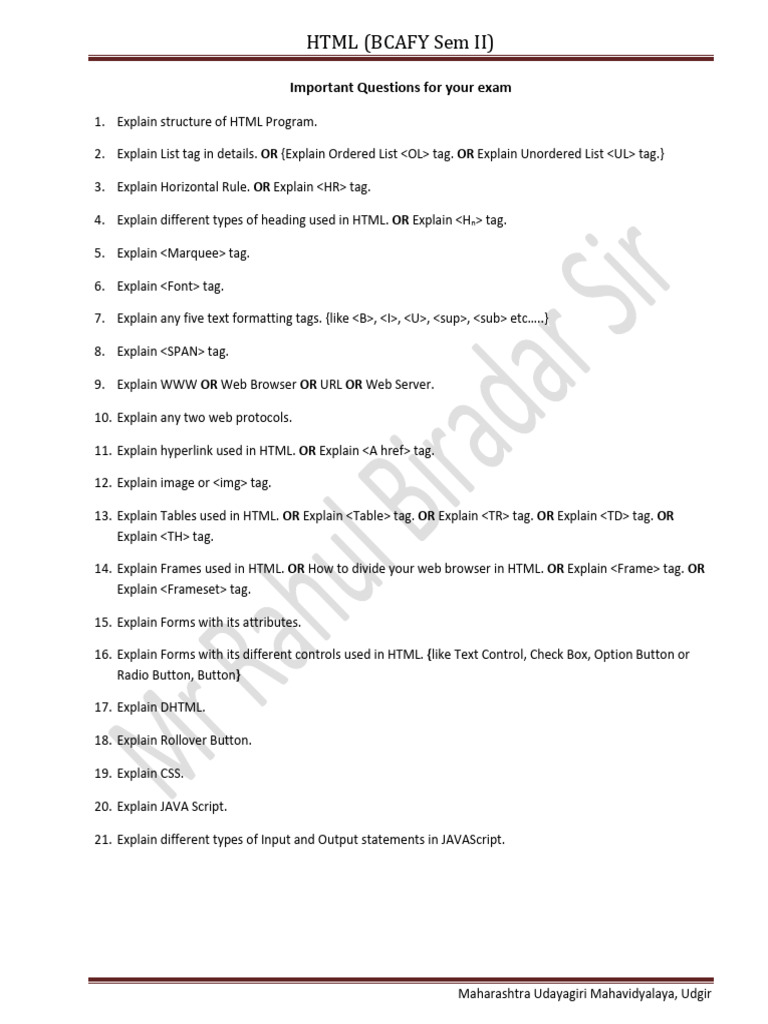 HTML BCAFY Exam Paper | PDF