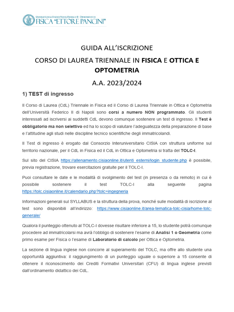 Guida All'Iscrizione Al CDL Fisica | PDF