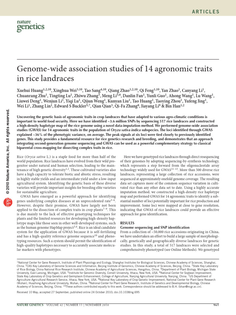 GWAS of Agronomic Traits in Rice | PDF | Single Nucleotide Polymorphism ...