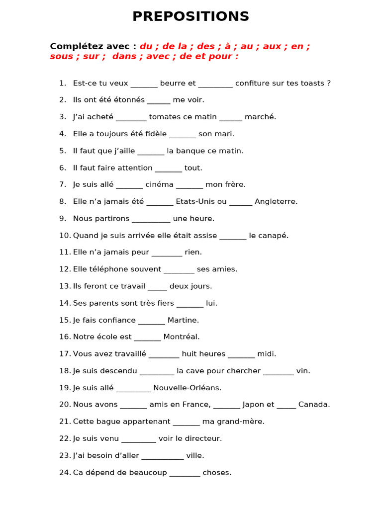 Est-ce à ou de 1:Répertoire 2:Exercices Exercices de prépositions en français | PDF