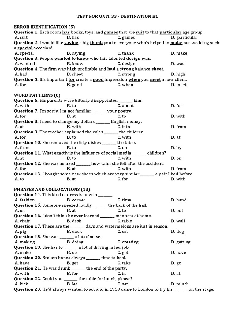 Unit 33 Test Answers - Destination B1 | PDF