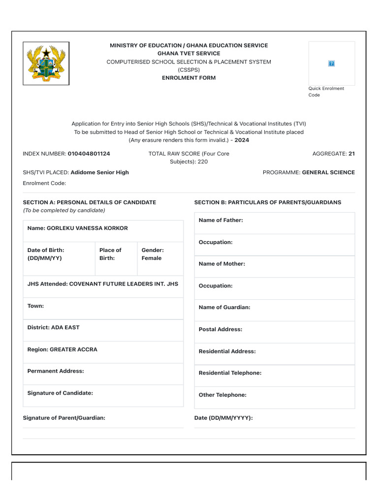 Https cssps Gov Gh placement enrolmentform PDF
