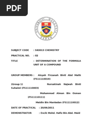 I Experiment 2 Formula Of Compound Pdf Chlorine Zinc