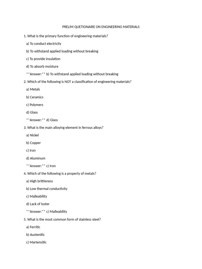 Engineering Materials Questionnaire | PDF | Steel | Alloy