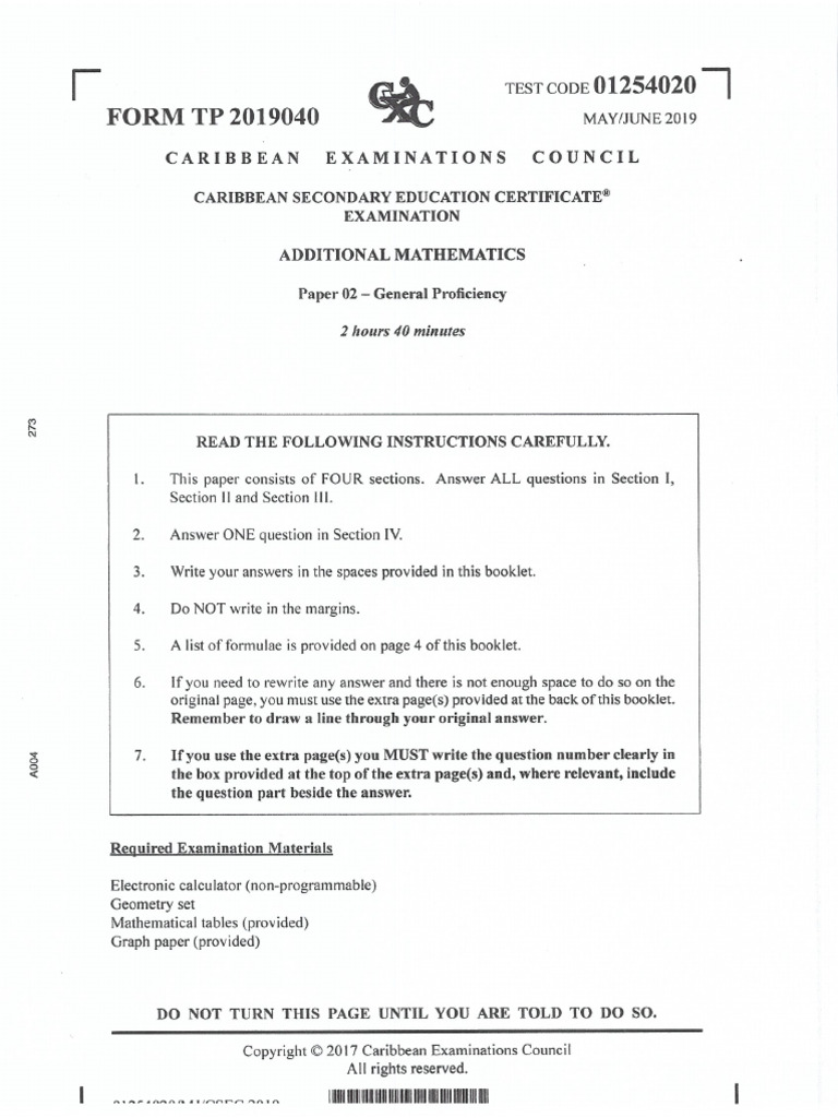 Csec Add Maths 2019 Paper 2 PDF | PDF