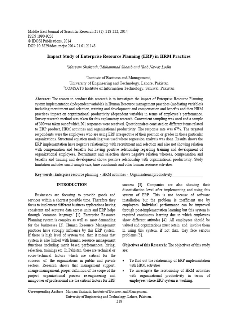 ERP Impact on HRM Practices and Productivity | PDF | Employment | Human ...