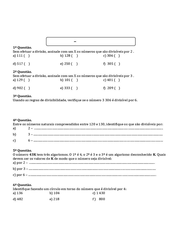 Atividades sobre Divisibilidade para 6º Ano | PDF | Divisão (Matemática ...