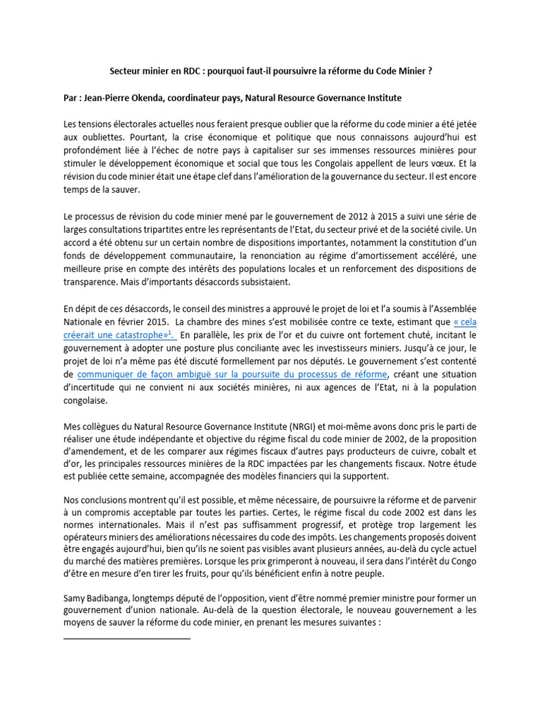 Réforme du Code Minier en RDC : Urgence! | PDF | République ...