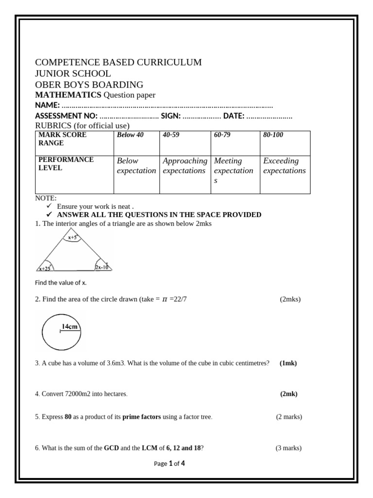 Grade 7 Mathematics Assessment Paper | PDF | Volume | Area