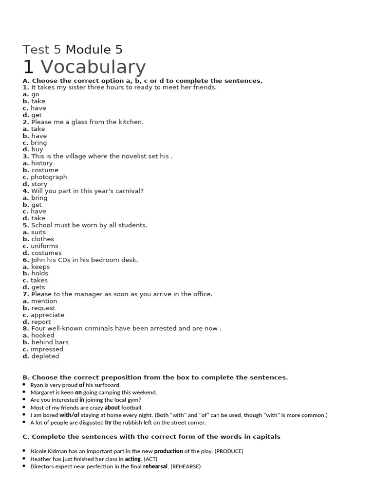 Vocabulary and Grammar Test Module 5 | PDF | Language Arts & Discipline