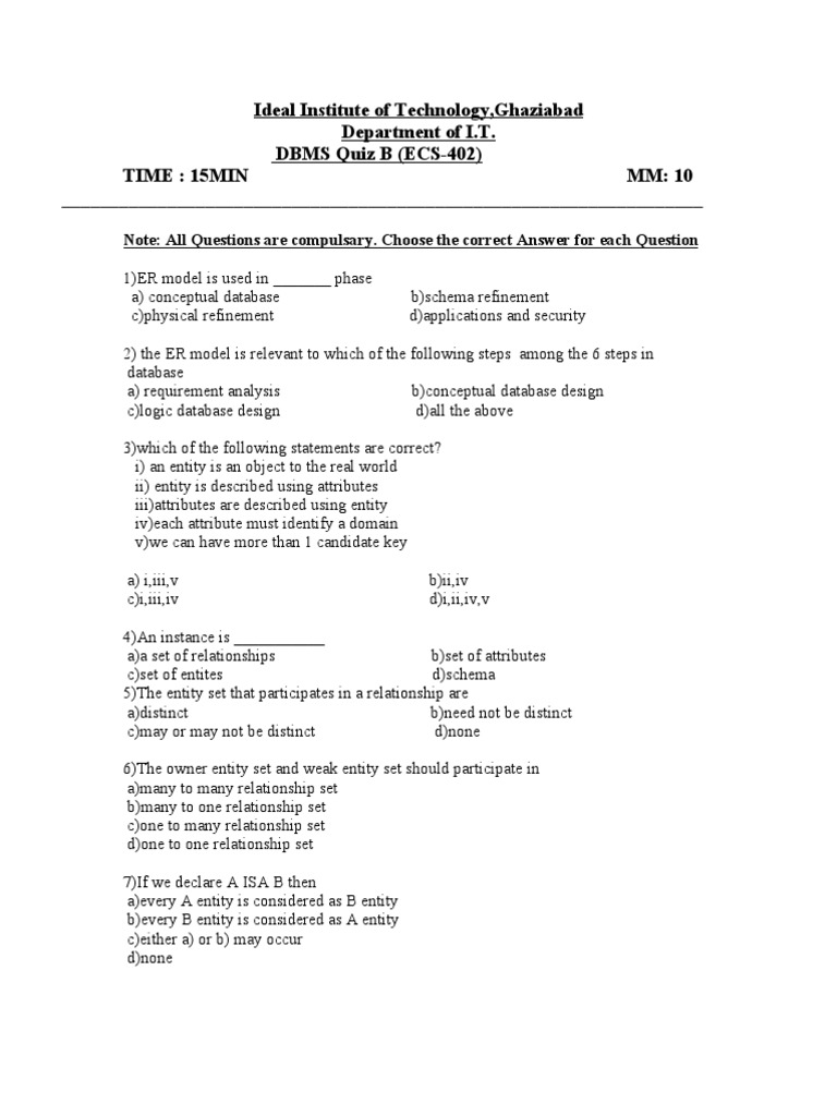 DBMS Quiz 1 | PDF | Computers
