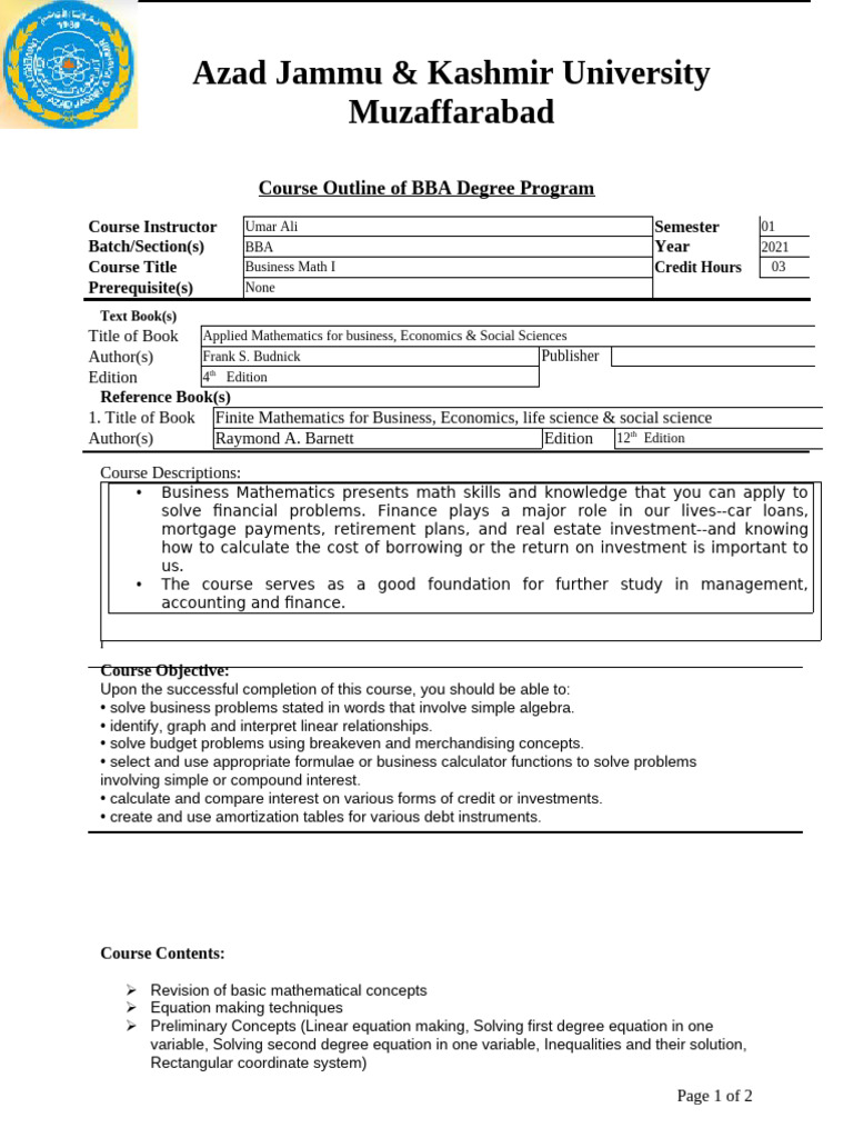 Business Mathematics Course Outline | PDF | Equations | Mathematics