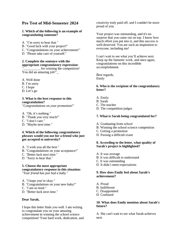 Mid-Semester 2024 Pre-Test Questions | PDF | Fat | Nutrition
