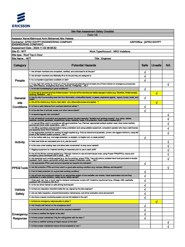 Site Risk Assessment Safety Checklist | PDF | Personal Protective ...